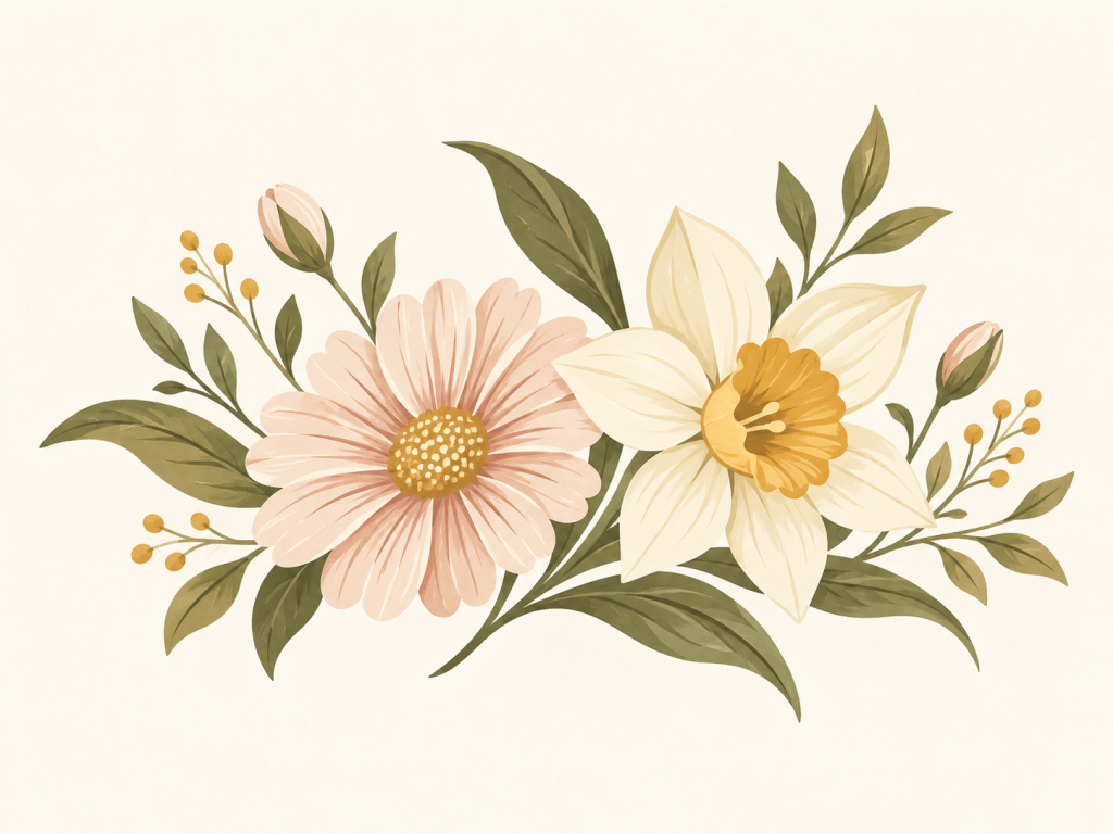 Minimalist illustration of a daffodil and a blush daisy with olive leaves.