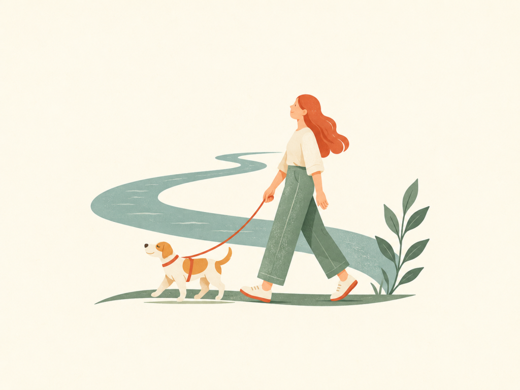 Minimalist illustration of a walker and dog beside a river.