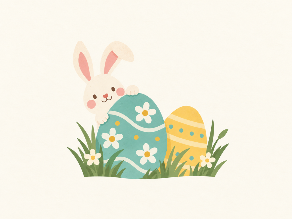 Minimalist illustration of a rabbit beside pastel Easter eggs.