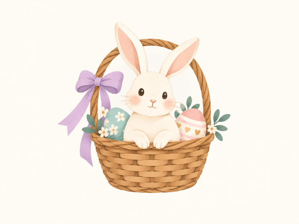 Minimalist illustration of a rabbit with a basket of Easter eggs.