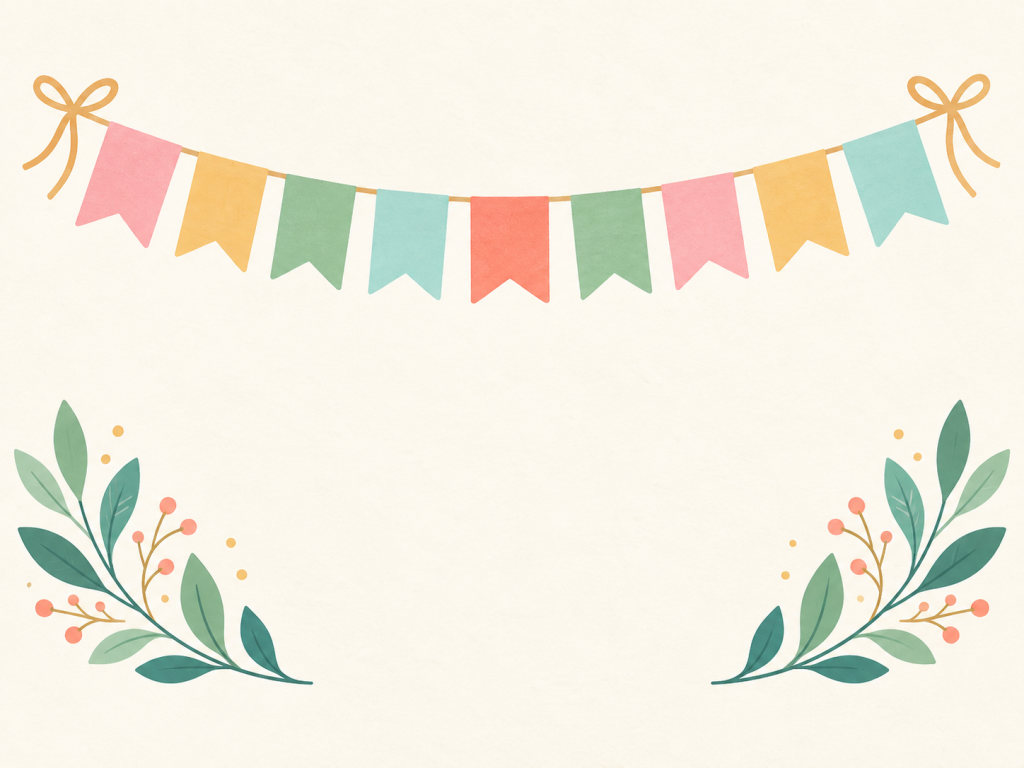 Minimalist illustration of pastel bunting above leafy sprigs.