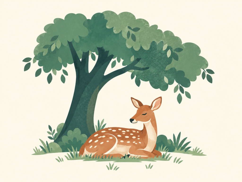 Minimalist illustration of a spotted deer beneath a leafy tree.