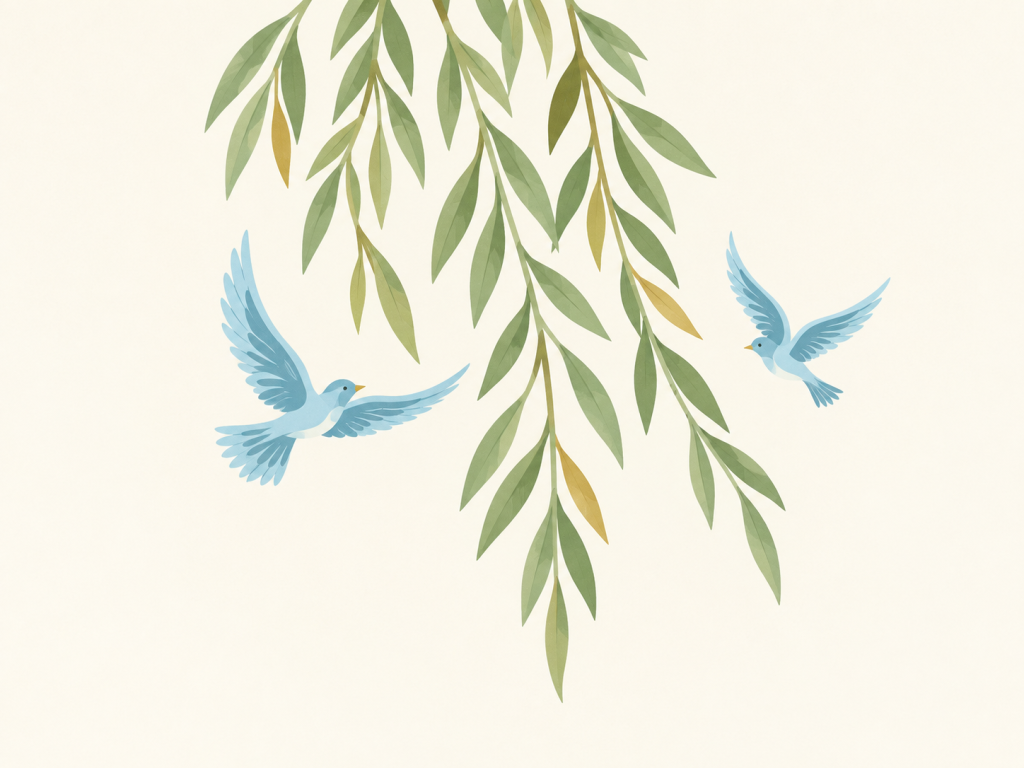 Minimalist illustration of two blue birds beneath willow branches.