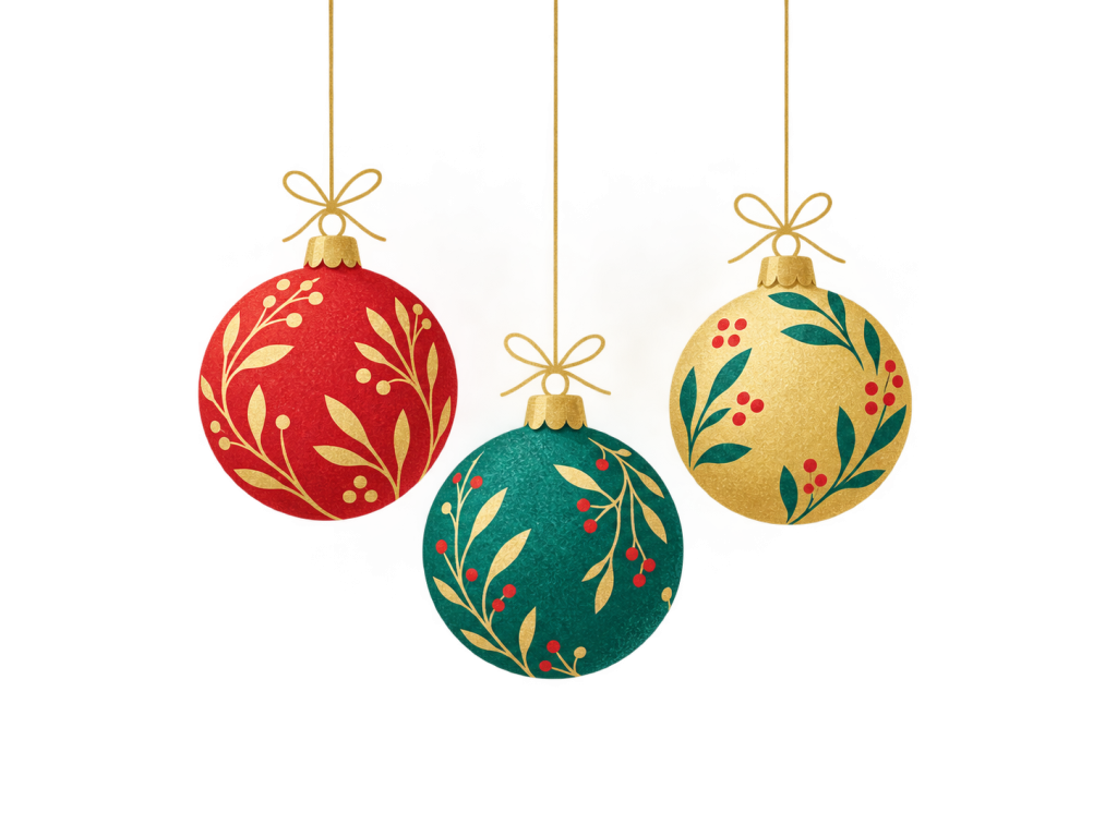 Minimalist illustration of three Christmas baubles in red, teal and gold.