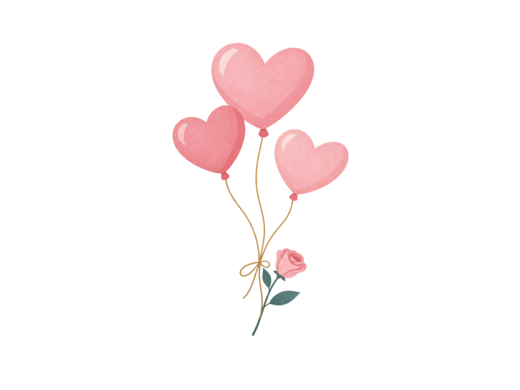 Minimalist illustration of pink heart balloons beside a rose.