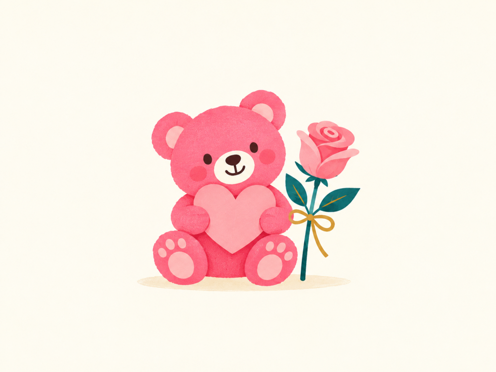 Minimalist illustration of a pink teddy bear holding a heart beside a rose.