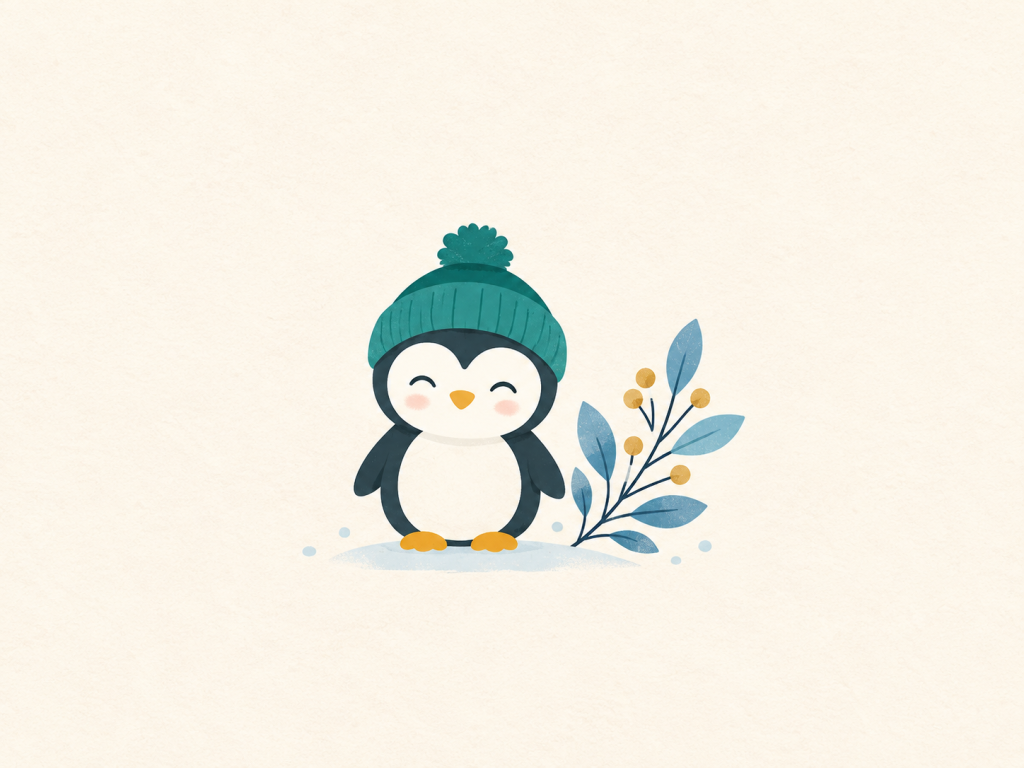 Minimalist illustration of a penguin in a teal winter hat beside a blue sprig.