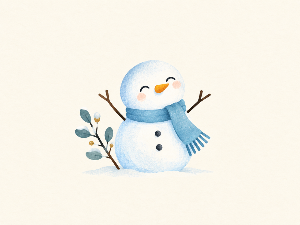 Minimalist illustration of a snowman wearing a blue scarf.