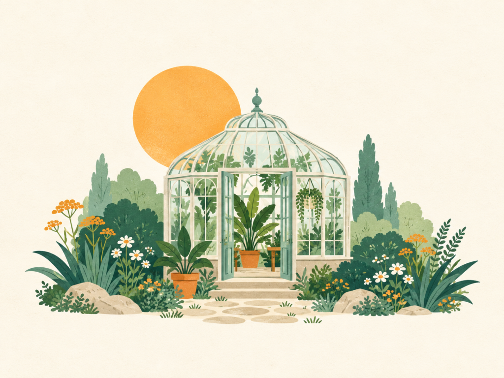 Minimalist illustration of a botanical glasshouse surrounded by leafy plants.