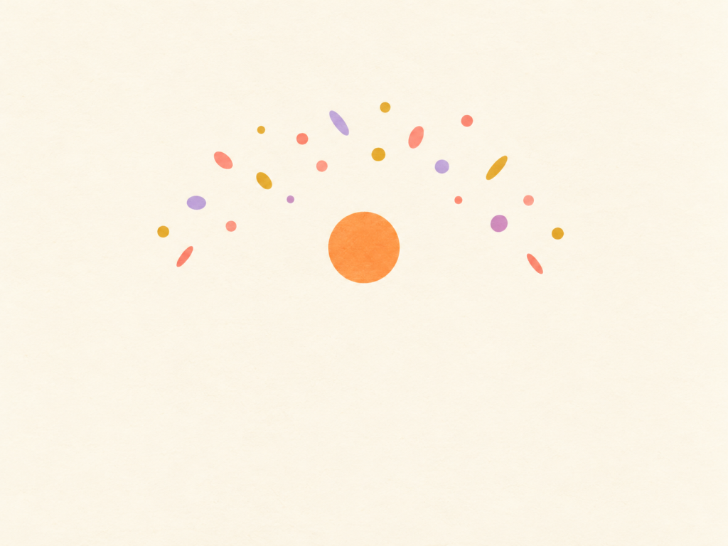 Minimalist illustration of an orange sun beneath colourful confetti.