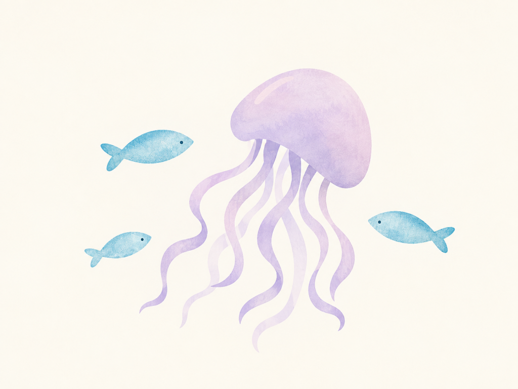 Minimalist illustration of a lavender jellyfish with blue fish.