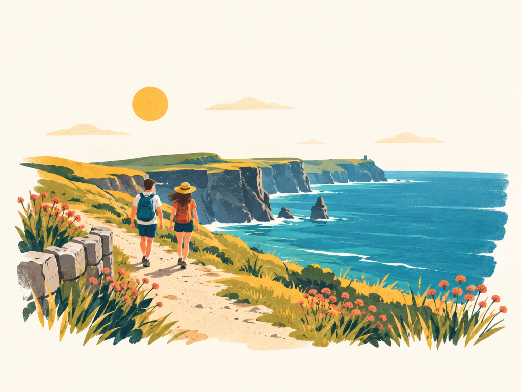 Minimalist illustration of two walkers following a sunny coastal path.