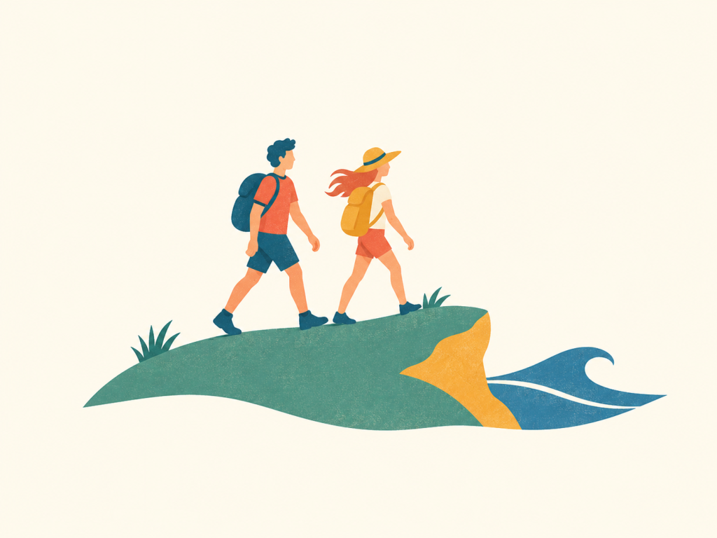 Minimalist illustration of two walkers on a green coastal bluff.