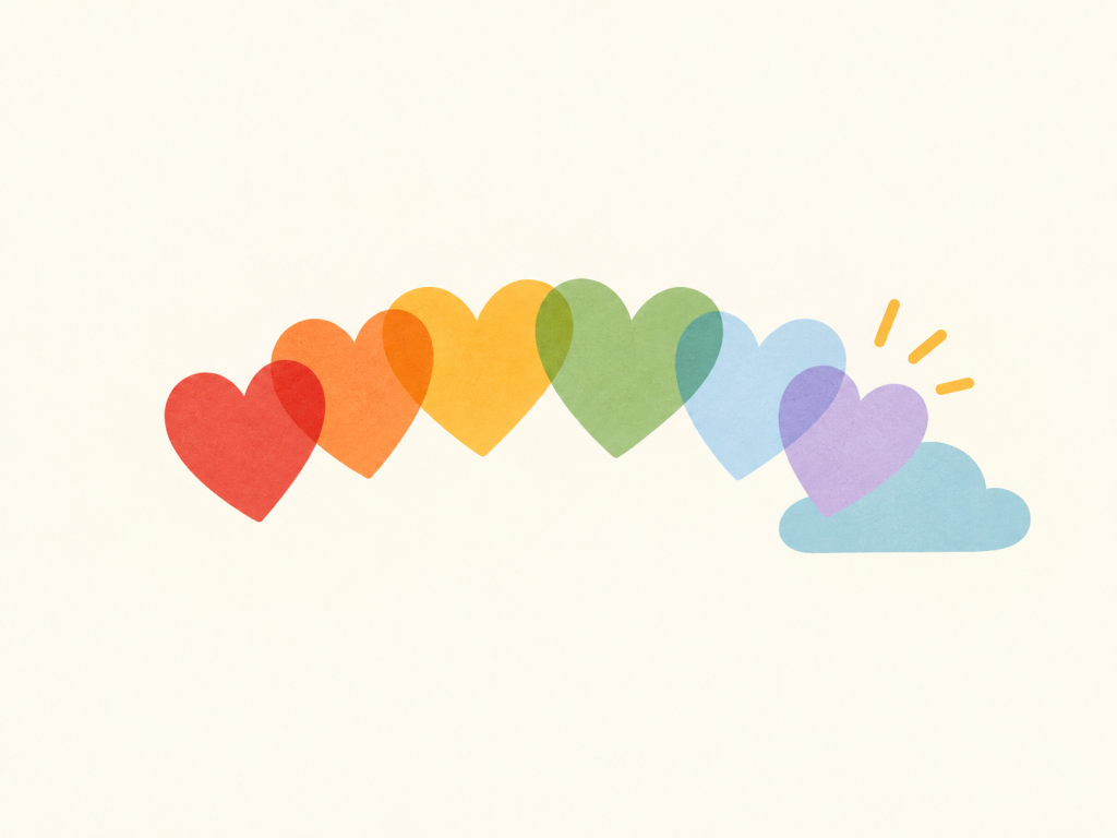 Minimalist illustration of rainbow-coloured hearts above a blue cloud.