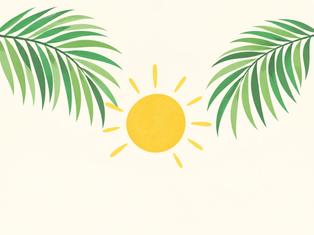 Minimalist illustration of palm fronds and a golden sun.