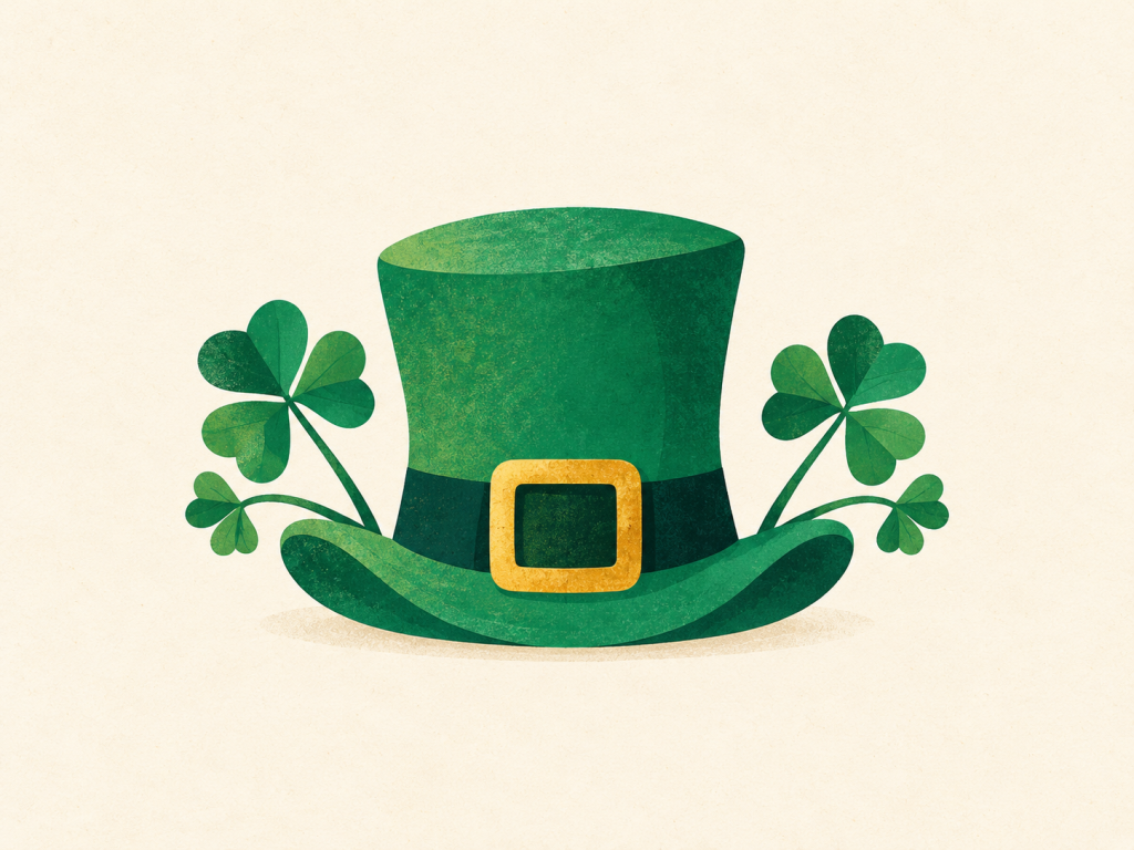 Minimalist illustration of a green leprechaun hat and shamrocks.
