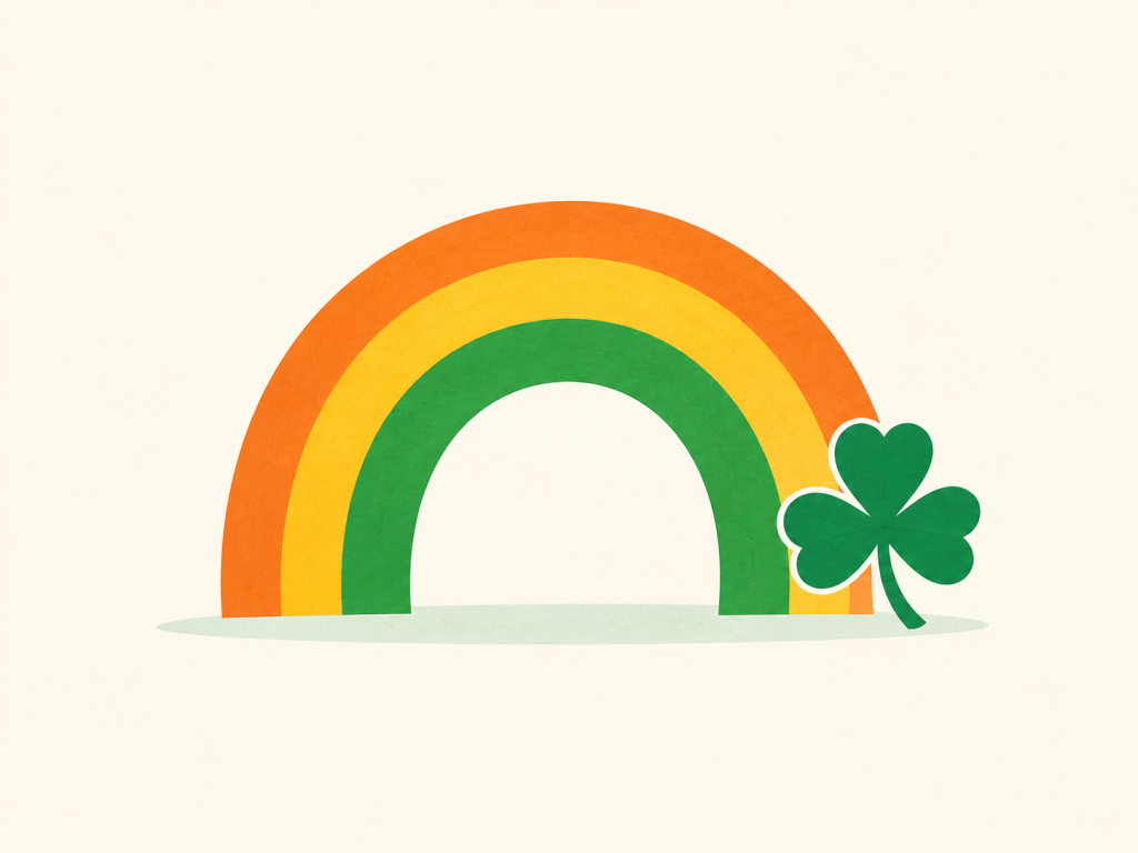 Minimalist illustration of a rainbow arch beside a shamrock.