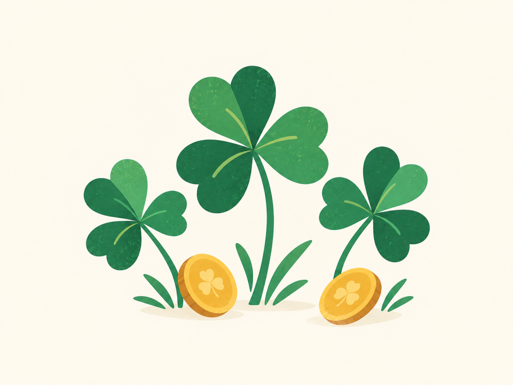 Minimalist illustration of shamrocks and gold coins.