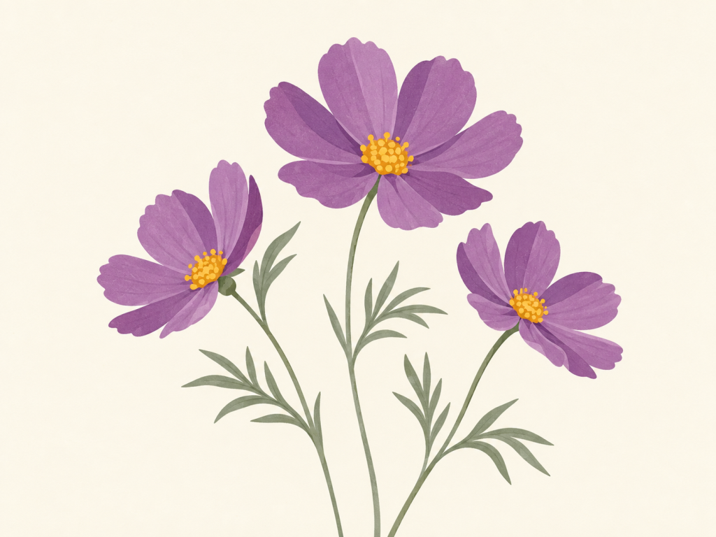 Minimalist illustration of three purple cosmos flowers with sage leaves.