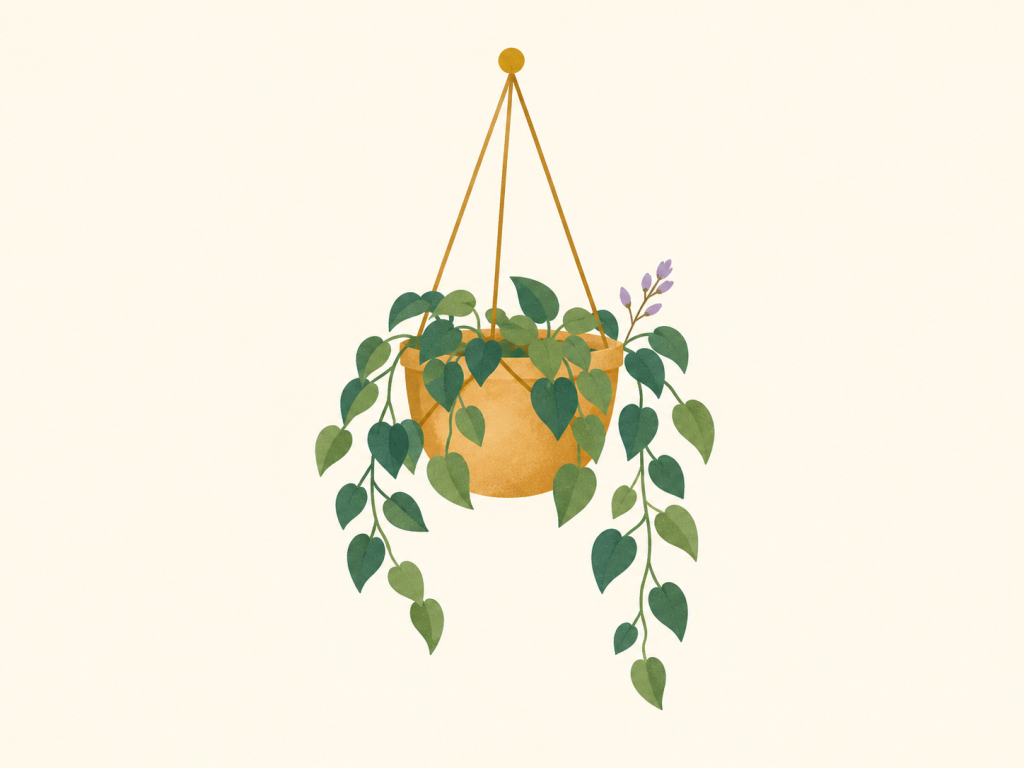 Minimalist illustration of a hanging planter with trailing leaves.