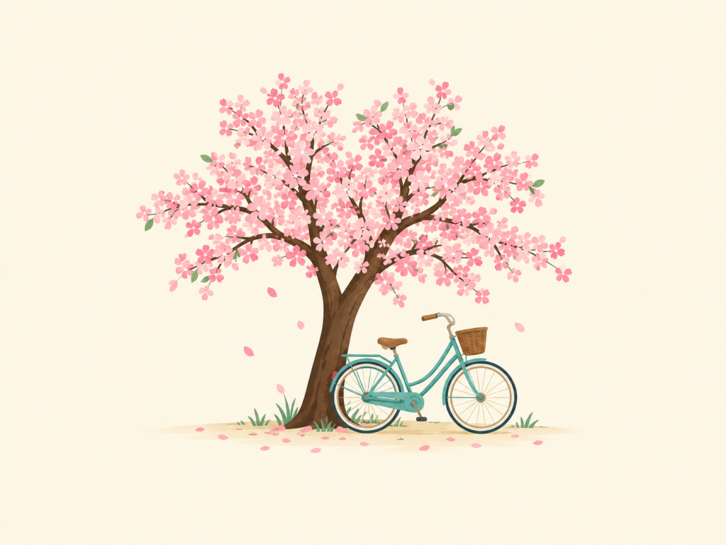 Minimalist illustration of a blossoming tree beside a teal bicycle.