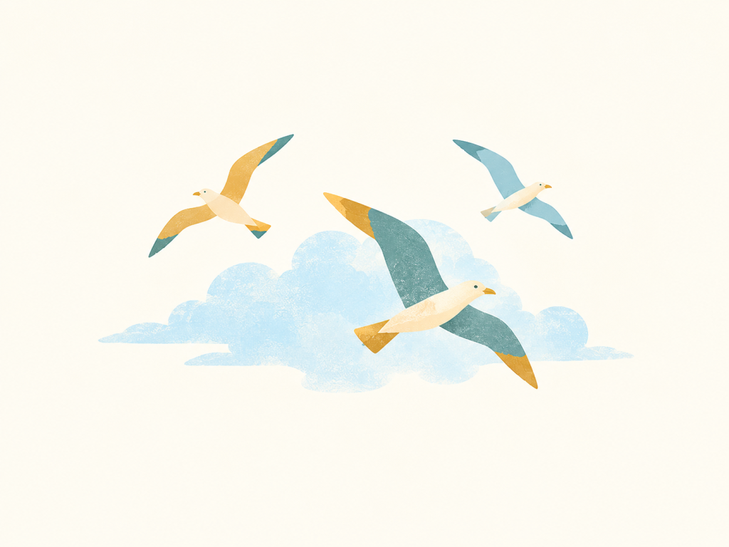 Minimalist illustration of birds beside a cloud.