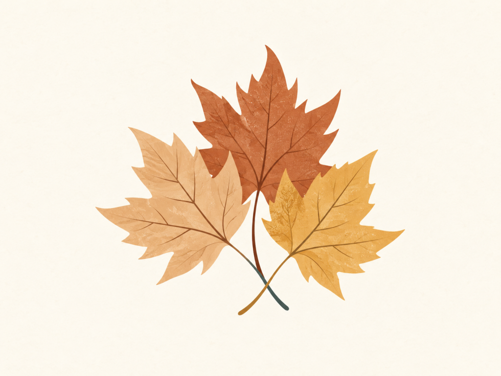 Minimalist illustration of three overlapping autumn leaves.