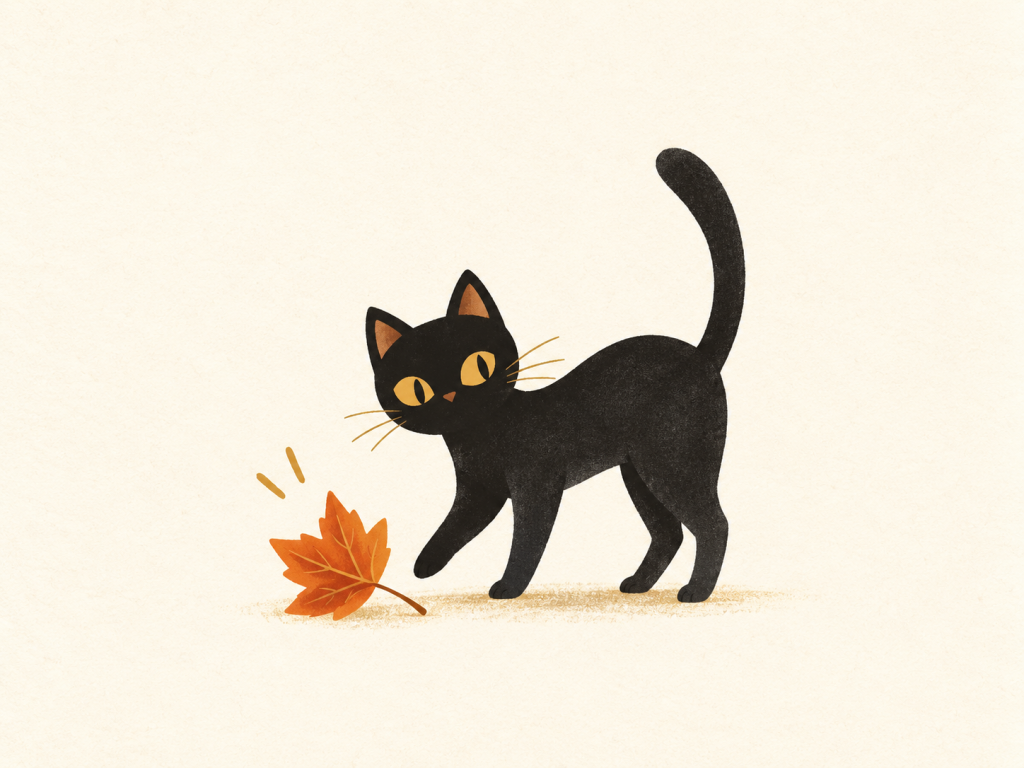 Minimalist illustration of a friendly black cat beside an autumn leaf.