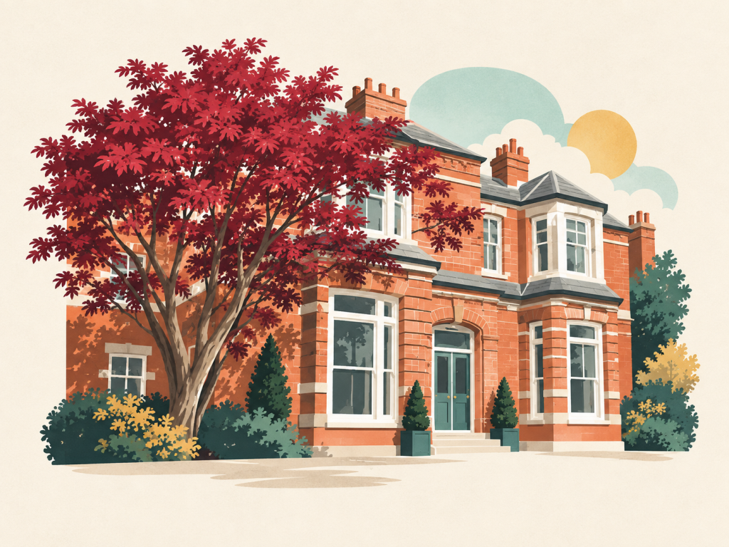 Minimalist illustration of a red-brick school beside a burgundy-leaved tree.