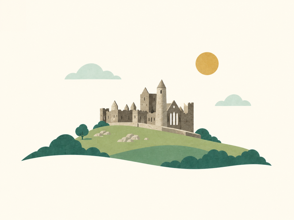 Minimalist illustration of a castle on a green hill.