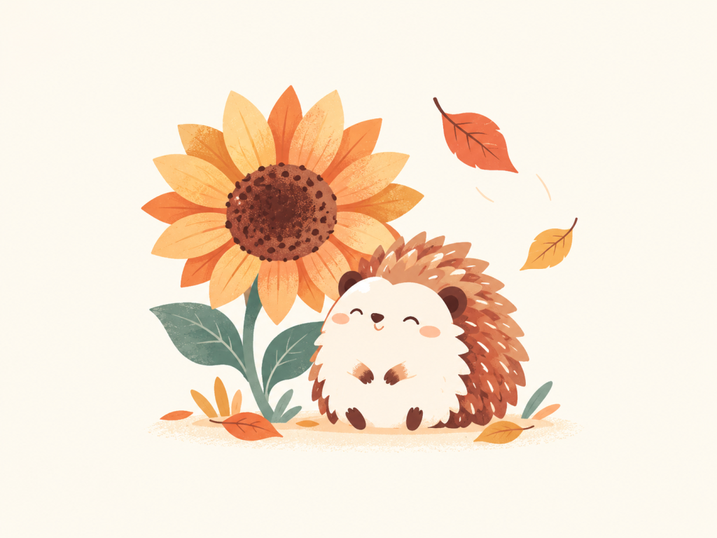 Minimalist illustration of a hedgehog, sunflower and autumn leaves.